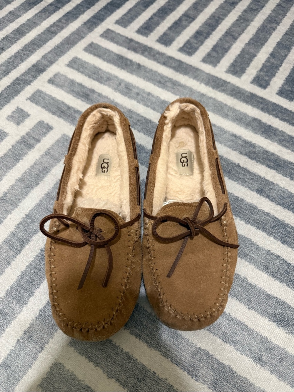 UGG Chestnut Suede Moccasin Slippers with Shearling Trim